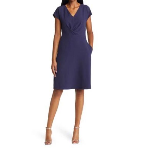 Tahari ASL Dress Womens Size 2 Navy Blue Twist Front V Neck‎ - Picture 1 of 8